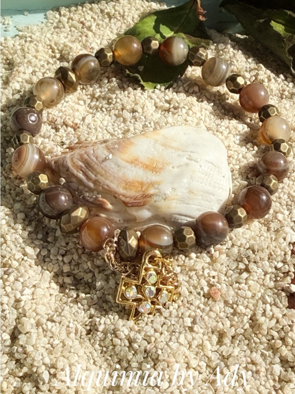 Alquimia Gold and Brown Agate Bead Bracelet with Crystal Cross Charm